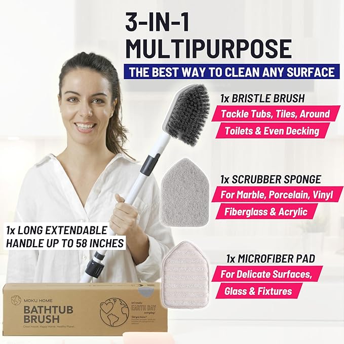 Shower Scrubber 3 in 1 Extendable Long Handle 58 Cleaning Brush - Non Scratch Shower Brush for Cleaning Bathroom Kitchen Toilet Wall Tub Tile (Gray)