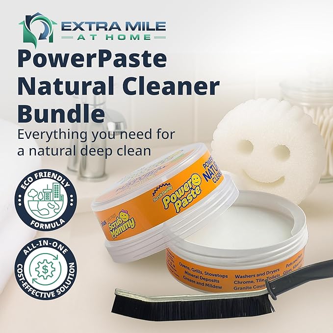 Power Paste Natural All Purpose Cleaner Bundle - Grout Cleaner for Tile Floors with Sponge &amp Crevice Brush - Deep Cleaning Tools for Shower Tile Grout Bathroom Kitchen Surfaces Tight Spaces at