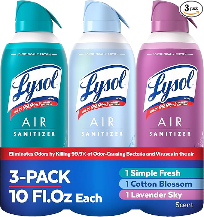 Lysol Air Sanitizer Spray with Bacterial Odor Eliminator for Home &amp Office Sanitizing Air Spray Air Freshener Alternative Simple Fresh + Cotton Blossom + Lavender Sky 10 oz (Pack of 3)
