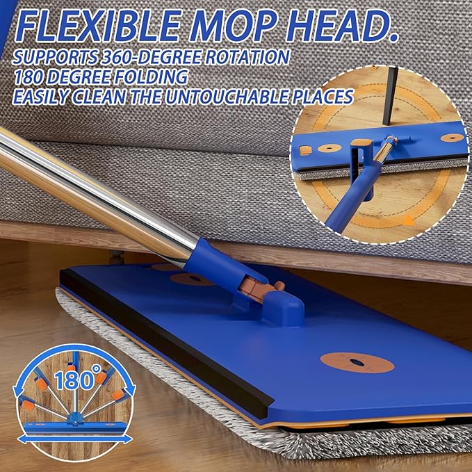 16.5 Self Wringing Flat Mop and Bucket Set 55 Long Handle Microfiber Mop for Floor and Wall Cleaning Hands-Free Wet &amp Dry Mop with Squeegee 5 Replacement Pads &amp Collapsible Bucket