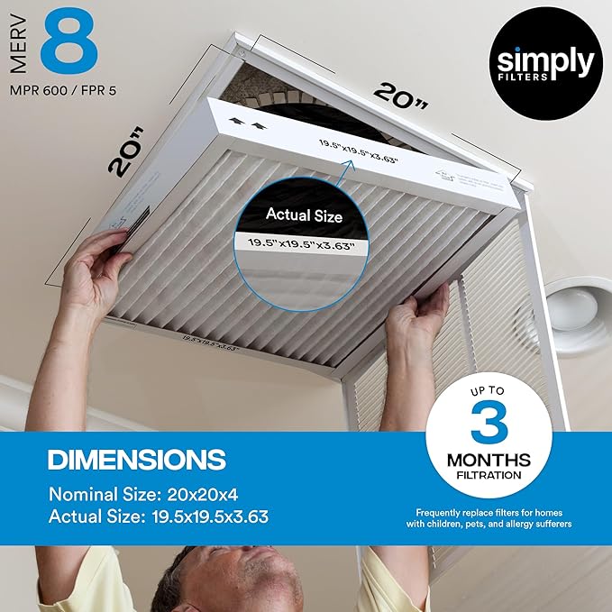 Simply 20x20x4 Air Filter MERV 8 6 Pack Furnace Air Filter for HVAC (Actual Size:19.5x19.5x3.63) DUST Pet &amp Allergy Control