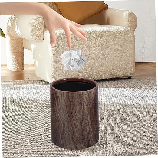 Garneck Lidless Imitation Wood Grain Trash Can Round Wastebasket for Kitchen Living Room Bathroom Office Stylish Garbage Collecting Bin for Indoor Use