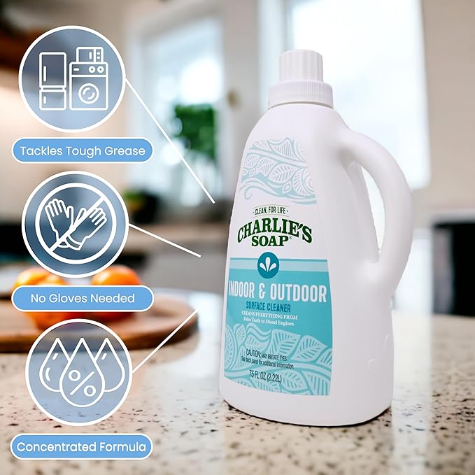 Charlie's Soap Indoor &amp Outdoor Surface Cleaner Refill (75 Fl. Oz.) Biodegradable Natural Outdoor Cleaning Spray – Safe for Indoor Use (1 Pack)