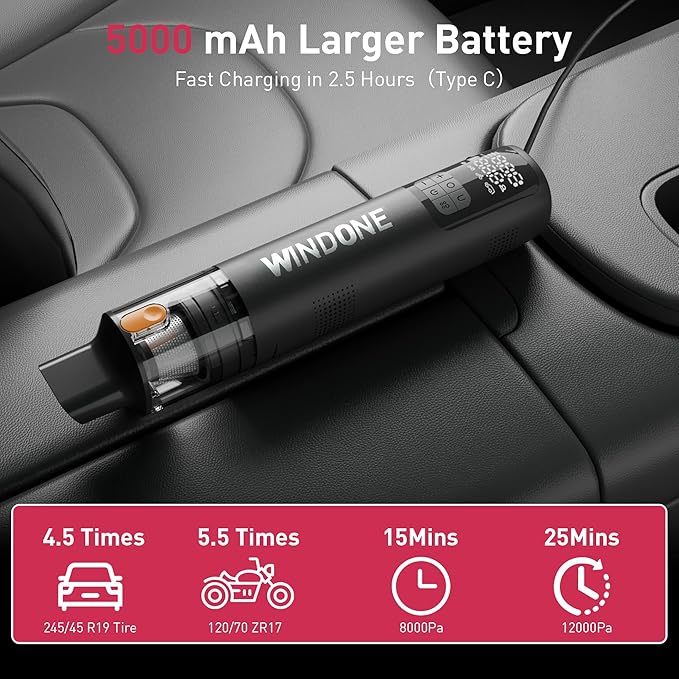 Windone Car Vacuum 12000Pa 2-in-1 Cleaner &amp Tire Inflator 150PSI 60W Brushless Motor Cordless Handheld Vacuum &amp Air Pump with Pressure Gauge LED Light Multi-Nozzles for Car Home Office