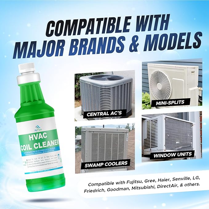 AC Evaporator Coil Cleaner - 1 Quart (946mL) No-Rinse Formula Metal-Safe Corrosion Inhibitors – Cleans Air Conditioners Condensers HVAC Mini Splits Heat Pumps – Residential &amp Commercial Use