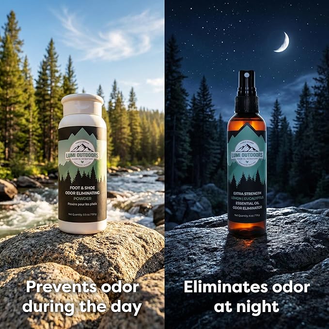 Lumi Outdoors Natural Shoe Deodorizer Spray and Foot Powder Bundle - Lemon Eucalyptus and Foot Powder
