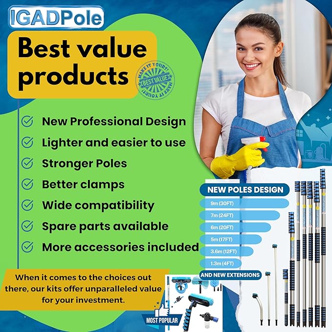 IGADPole 12 FT Water-Fed Washing Kit with Soap-Dispenser Brush 10″ Squeegee &amp Cobweb Duster for Windows Gutters Solar Panels &amp Exterior Walls