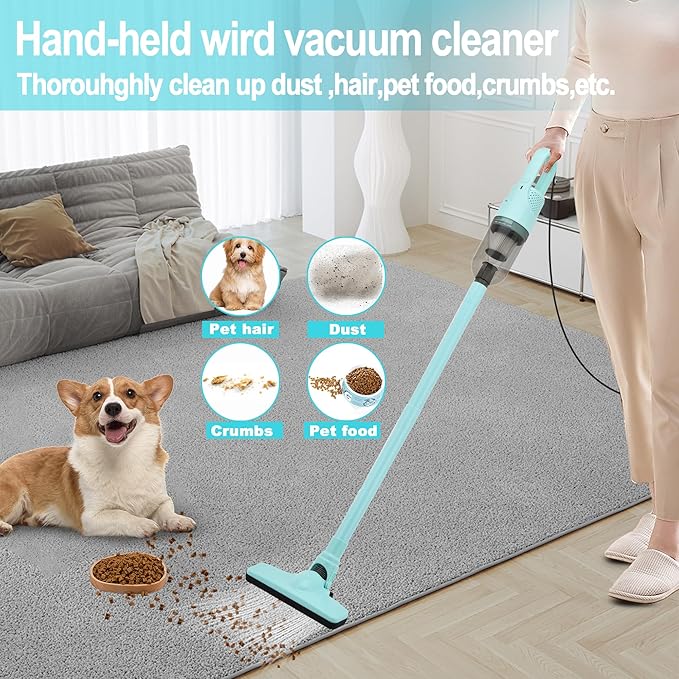 6-in-1 Lightweight Stick Vacuum Cleaner with 350W Powerful Motor Mini Portable Household Handheld Vacuum Cleaner for Domestic Hard Floors Carpets and Pet Hair(Light Green Corded)