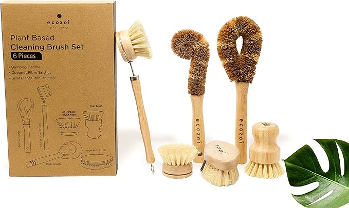 Ecozoi Bamboo Dish Brush Set 6 Piece for Vegetable and Kitchen Dish Cleaning Sisal &amp Coconut Fibers with Bamboo Handles Kitchen Brushes for Dishes Pots Pans