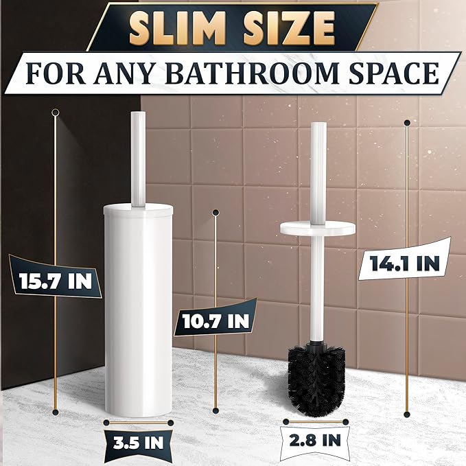 Stainless Steel Toilet Brush and Holder Set White - Long Handle Toilet Bowl Cleaner Brush and Holder - Removable Inner Liner Shiny Design Splash Protection &amp Dense Bristles for Bathroom Cleaning