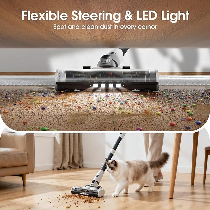 Cordless Vacuum Cleaner 600W 50KPA 70Mins Runtime Fast Charging Vacuum Cleaner Self-Standing LED Light Touch Screen Stick Vacuum for Home Light Weightfor Pet Hair/Carpet/Floor White