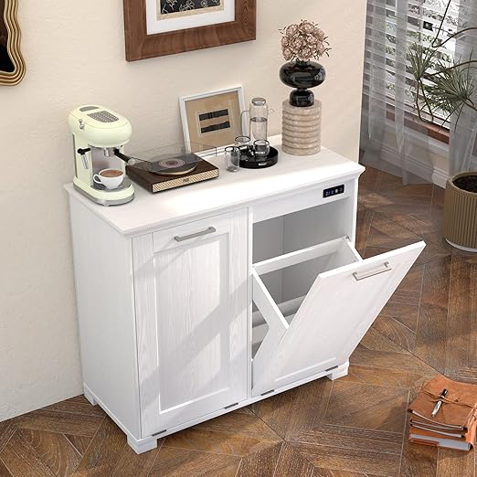 Tilt Out Trash Can Cabinet Wooden Trash Cabinet with Deodorising Function 20 Gallons Freestanding Dog-Proof Garbage Bin Cabinet for Home Laundry Room Kitchen and Living Room White Finish