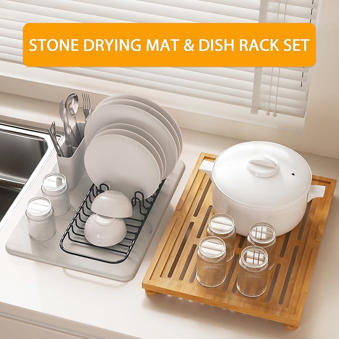 Golener Stone Drying Mat for Kitchen Counter Dish Drying Pad with Bamboo Rack Super Absorbent Diatomaceous Earth and Drying Rack Multi-purpose Quick Drying Mat Rack for Kitchen16”x12”Marble White