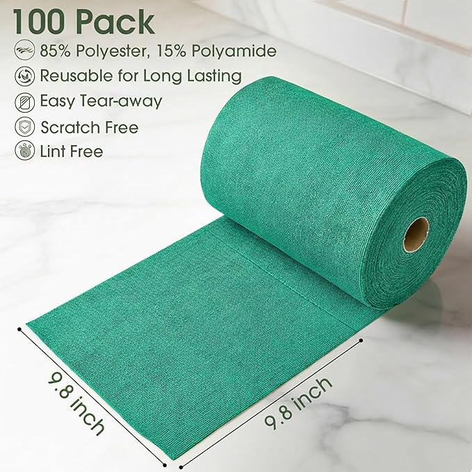 Microfiber Cleaning Cloth Roll–100 Pack Tear Away Microfiber Towels Reusable Washable Scratch-Free Kitchen Towels for Car Home Kitchen Glass Dishes (Malachite Green)