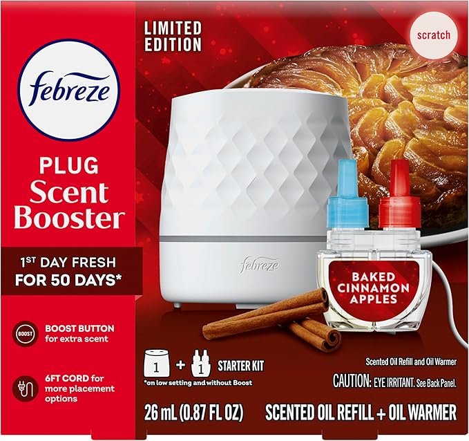 Febreze Plug Scent Booster Starter Kit Oil Diffuser Air Freshener Plug in Continuous Scent 2 Devices + 2 Baked Cinnamon Apple Refill