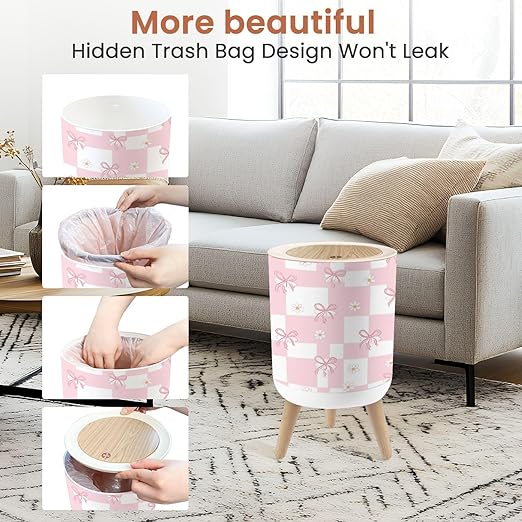 Bathroom Trash Can with Lid Pink White Checkered Seamless Daisies Bows for Cute Feminine Designs Garbage Bin Waste Basket for Kitchen Office Bedroom Decoration Diaper Pail 1.8 Gallon