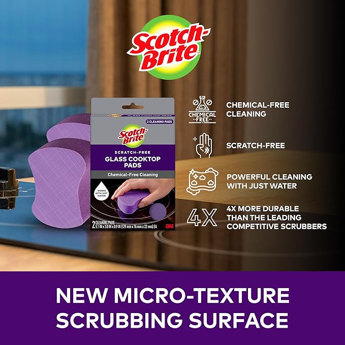 Scotch-Brite Glass Cooktop Pads Scratch-Free &amp Non-Abrasive Scrubbers for Glass or Ceramic Stovetops Cleans Burnt-On Messes with Just Water Reusable Dishwasher-Safe Design (6 Pads)