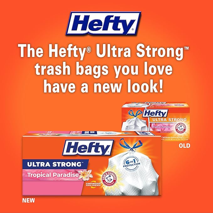 Hefty Ultra Strong Tall Kitchen Trash Bags Tropical Paradise Scent 13 Gallon 40 Count