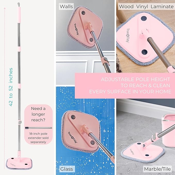 True &amp Tidy® True Clean Mop and Bucket System Includes Square Spin Dual Compartment Mop Bucket and 2 Thick Machine Washable Pads New Upgraded with Side Brush &amp Self Standing Handle Rose