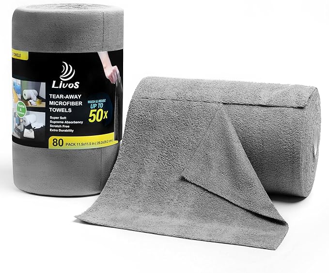 LIVOS Microfiber Cleaning Cloth Roll - 80 Pack Reusable Paper Towels Grey Tear Away Microfiber Towels for Cars Super Absorbent Lint Free Cleaning Rags for House Kitchen Window-11.5x11.5