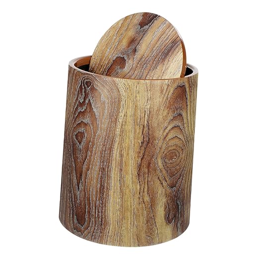 PRETYZOOM Medium Thicken Trash Bucket with Swing Lid Artificial Wood Grain Wastebasket for Kitchen Bathroom Office Bedroom Convenient Easy to Clean Home Rubbish Bin
