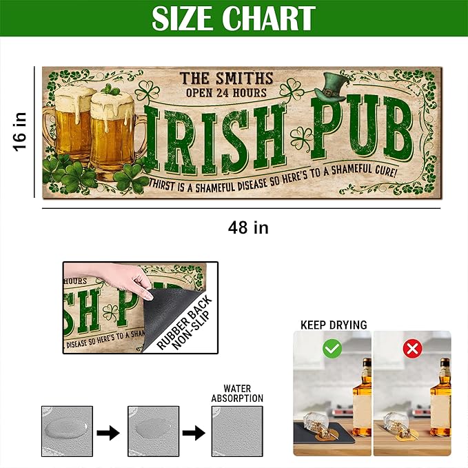 THUYPT Personalized Irish Bar Mat St Patrick's Day Decorations Kitchen Counter Irish Bar Dish Drying Mat Patrick's Lucky Shamrock Quick Drying Spill Mats (10)