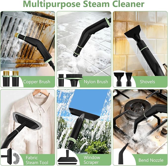 Steam Cleaner Portable Steamer for Cleaning with 16pcs Accessories 6-Level Adjustable 15s Heat-Up Handheld Steam Cleaner for Home for Tile Grease Dirt Grout Car Detailing Green