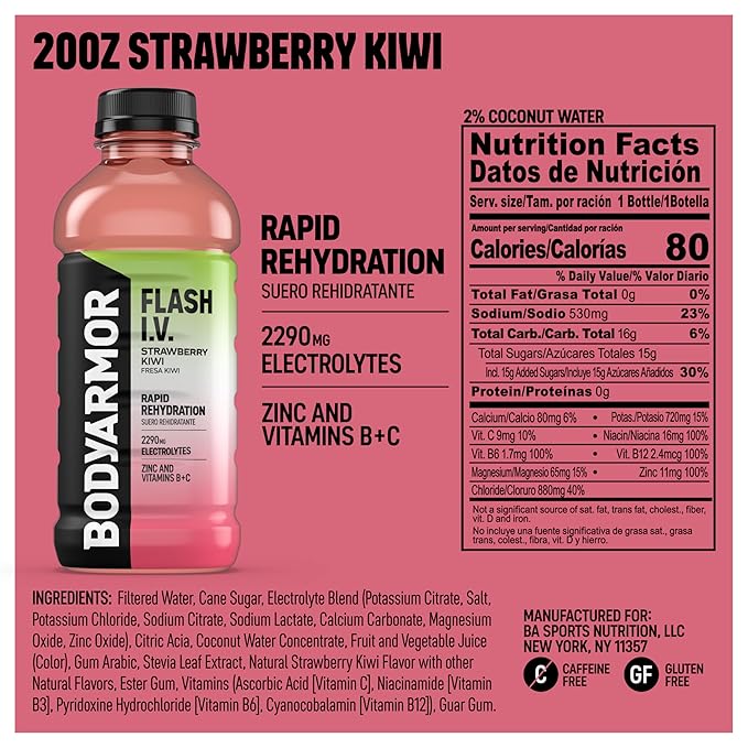 BODYARMOR Flash I.V. Electrolyte Beverage Strawberry Kiwi Hydration Drink with Coconut Water For Rapid Rehydration Post Workout Recovery 20 Fl Oz (Pack of 12)