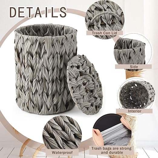 Ctosree 1.3 Gallons Small Trash Can with Lid Handle Boho Woven Braided Bathroom Waste Basket Trash Can with 100 Garbage Bags for Bedroom Office Laundry(GreyBraided PolypropyleneRound)