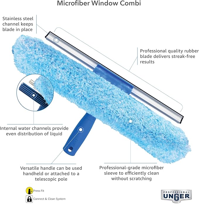 Unger Professional 2-in-1 Squeegee and Scrubber 14” Window Cleaning Tool with Streak-Free Results Commercial and Residential Use Microfiber Sleeve to Clean without Scratching