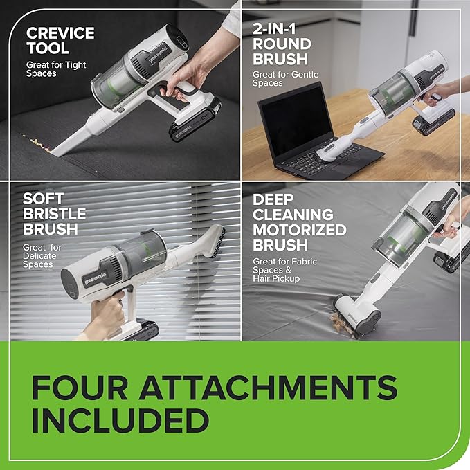 Greenworks 24V Brushless Cordless Stick Vacuum Lightweight Handheld Pet Anti-Allergen HEPA Filtration Hard Floor Carpet Car 4Ah Battery and 30-Minute Charge Time (White)