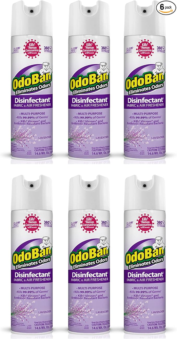 OdoBan Ready-to-Use 360-Degree Continuous Spray Disinfectant and Harsh Aroma Eliminator Fabric and Air Freshener 6 Pack 14.6 Ounces Each Lavender Scent