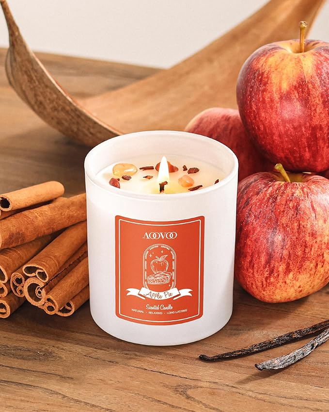 AOOVOO Apple Pie Scented Candles for Women - Aromatherapy Candle with Crystals Inside 10oz Soy Candles for Home Scented Birthday Gifts Valentines Day Candle for Women Mom