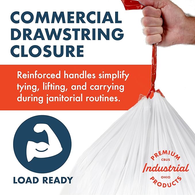 Made Here 13 Gallon Heavy Duty Commercial Trash Bags with Drawstring – White Waste Can Liners for Office Janitorial and Facility Use Leak-Resistant 200 Count