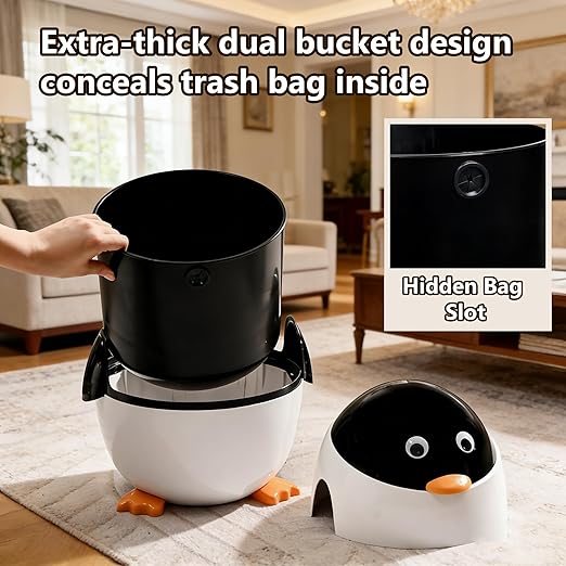 URALFA Penguin Trash Can 3.2 Gallon Kids Trash Can with Removable Inner Bucket Animal Themed Garbage Can Plastic Cute Trash Can for Bedroom Kids Room Nursery Dormitory Bathroom White