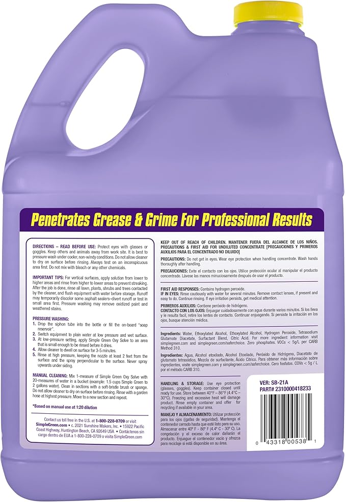 Simple Green Oxy Solve Concrete and Driveway Pressure Washer Cleaner Purple Unscented 128 Fl.Oz