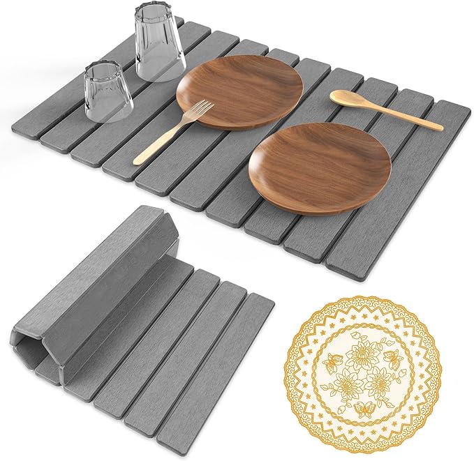 Stone Dish Drying Mat24(L)×16(W) - Fast-Drying Collapsible Kitchen Counter Mat for Dishes Cups &amp Bottles with Sanding Tool + Placemat Dark gray