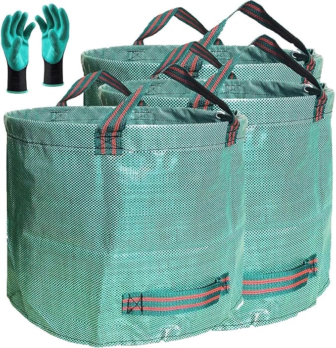 Professional 3-Pack 80 Gallons Lawn Garden Bags (D26H33 inch) Reusable Yard Waste Bags with Gardening Gloves for Leaf BagGarden PruningPatio Trash ContainerLawn WeedsGrass Clippings Bag 4 Handles