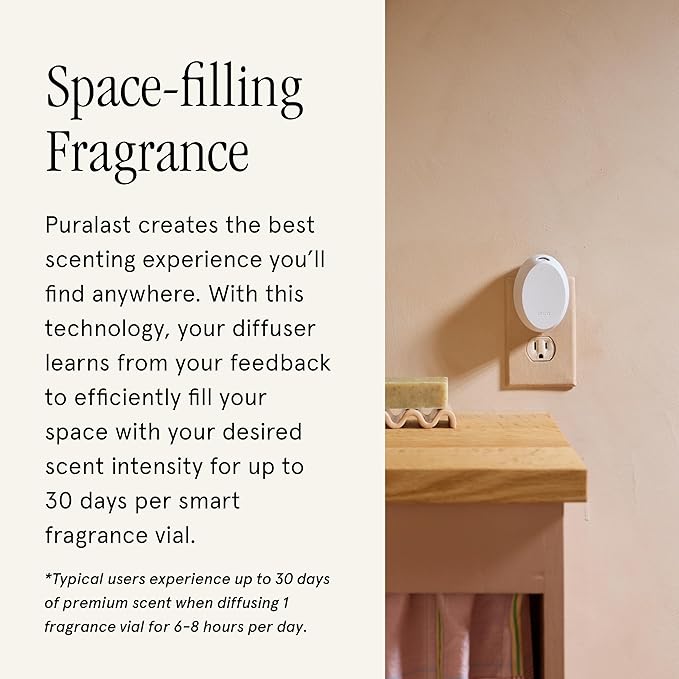 Pura Mini Smart Fragrance Diffuser for Small Spaces Adjustable Smart Home Device with LED Light &amp Automatic Vial Detection - Includes 1 Scent Refill Linens &amp Surf