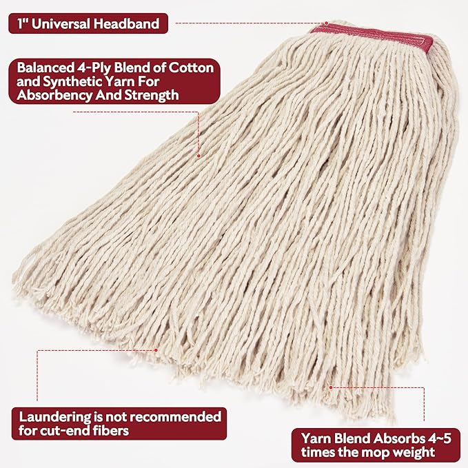 Matthew Cleaning 16oz 6Pack Cotton Floor MopCotton Looped-Open String Heavy Duty String Refills Universal Headband Blend Mop Head Replacement for Home Industrial and Commercial Use(White)