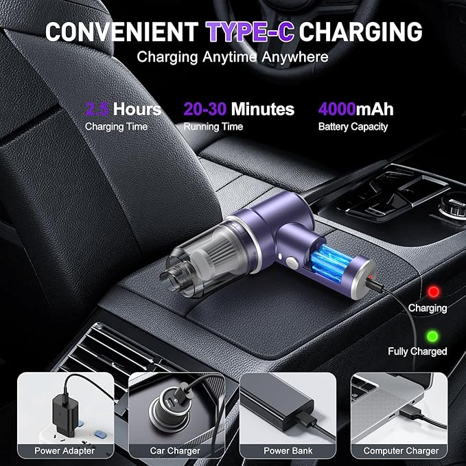 KMM Handheld Car Vacuum Cleaner 9000PA Vacuum Cleaner &amp Air Duster 120W High Power Vacuum Portable Cordless Hand Held Vacuum Rechargeable with Multi-Nozzles &amp LED Light for Home Car Offic