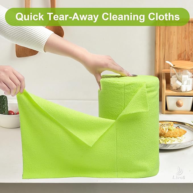 LIVOS Microfiber Cleaning Cloth Roll - 80 Pack Reusable Paper Towels Green Tear Away Microfiber Towels for Car Super Absorbent Lint Free Cleaning Rags for House Kitchen Window-11.5x11.5