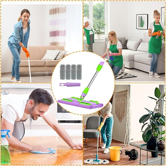 Floor Mop – Adjustable Cleaning Wand Reusable Pad System | 38x15cm Compact Frame with Swivel Mechanism Flexible Washable for Garage Patio Shower Corners Vinyl Marble Living Room