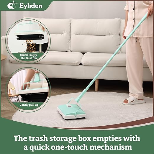 Eyliden X-Large Carpet Sweeper - Quiet Manual Sweeper for Carpets &amp Rugs | 1 Extra Refill Roller Brush | Non-Electric Hand Push Quietly Cleans Debris and Messes Restaurant Roller Broom Mint