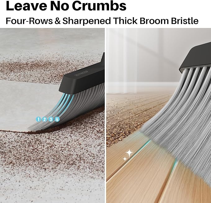 JOYMOOP Black Broom and Dustpan Set Upright Angle Design with Built-in Comb Teeth for Home Office Hardwood Floors Pet Hair