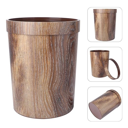 Vintage Wood Grain Trash Can Round Large Wastebasket for Home Office Bedroom Rustic Texture Container for Residential Kitchen Use
