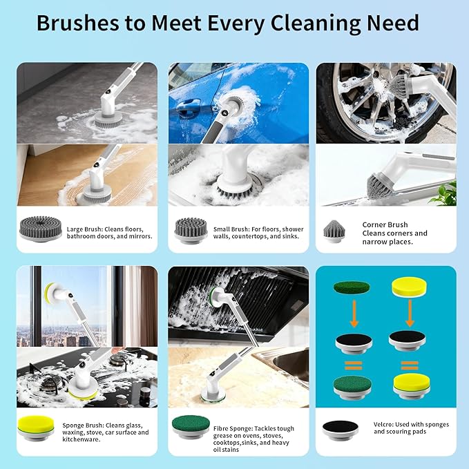 Electric Spin Scrubber Cordless 20W High-Torque Cleaning Brush Scrubber IPX7 Waterproof Electric Scrubber with Dual Speed for Kitchen Bathroom (S8)