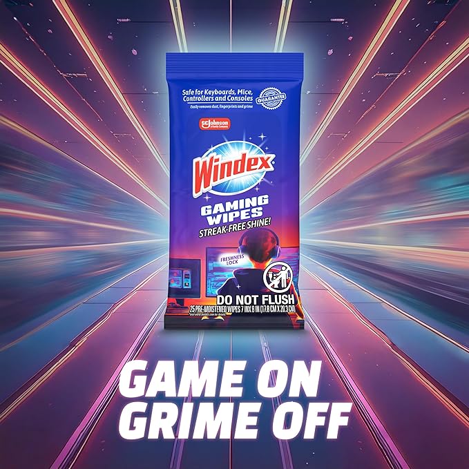 Windex Gaming Cleaning Wipes Ammonia-Free Anti-Static Electronics Cleaner for Consoles Controllers Screen TV Computer Monitor &amp Keyboard Streak-Free Pre-Moistened 25 Count (Pack of 12)