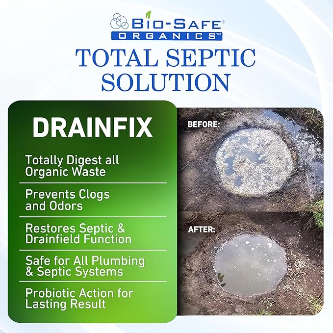 DrainFix &amp Septic Restorer – 32 oz Enzyme Septic Tank Treatment &amp Drainfield Restoration – Organic Drain Cleaner for Sewer Lines RV &amp Home Plumbing – Safe for Pipes &amp Septic Systems