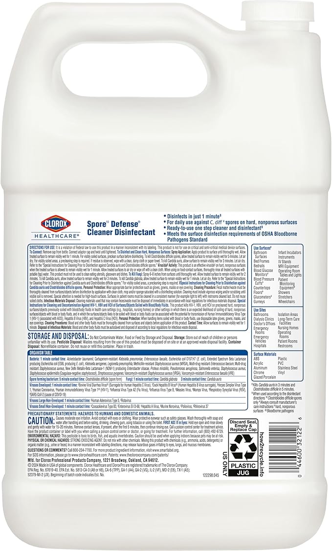 Clorox Healthcare Spore Defense Cleaner Disinfectant Closed System Refill Bottle 128 Fluid Ounces Pack of 4 (Package May Vary)